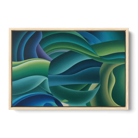 Fluid Harmony Blue and Green Abstract - Oak Framed Canvas Wall Art - Front