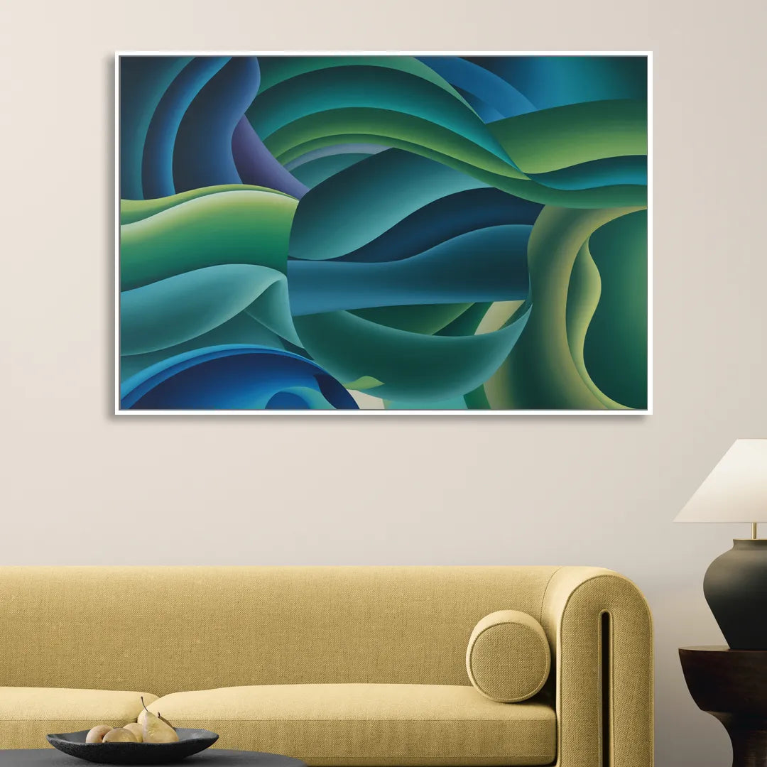 Fluid Harmony Blue and Green Abstract Living Room - White Canvas Wall Art