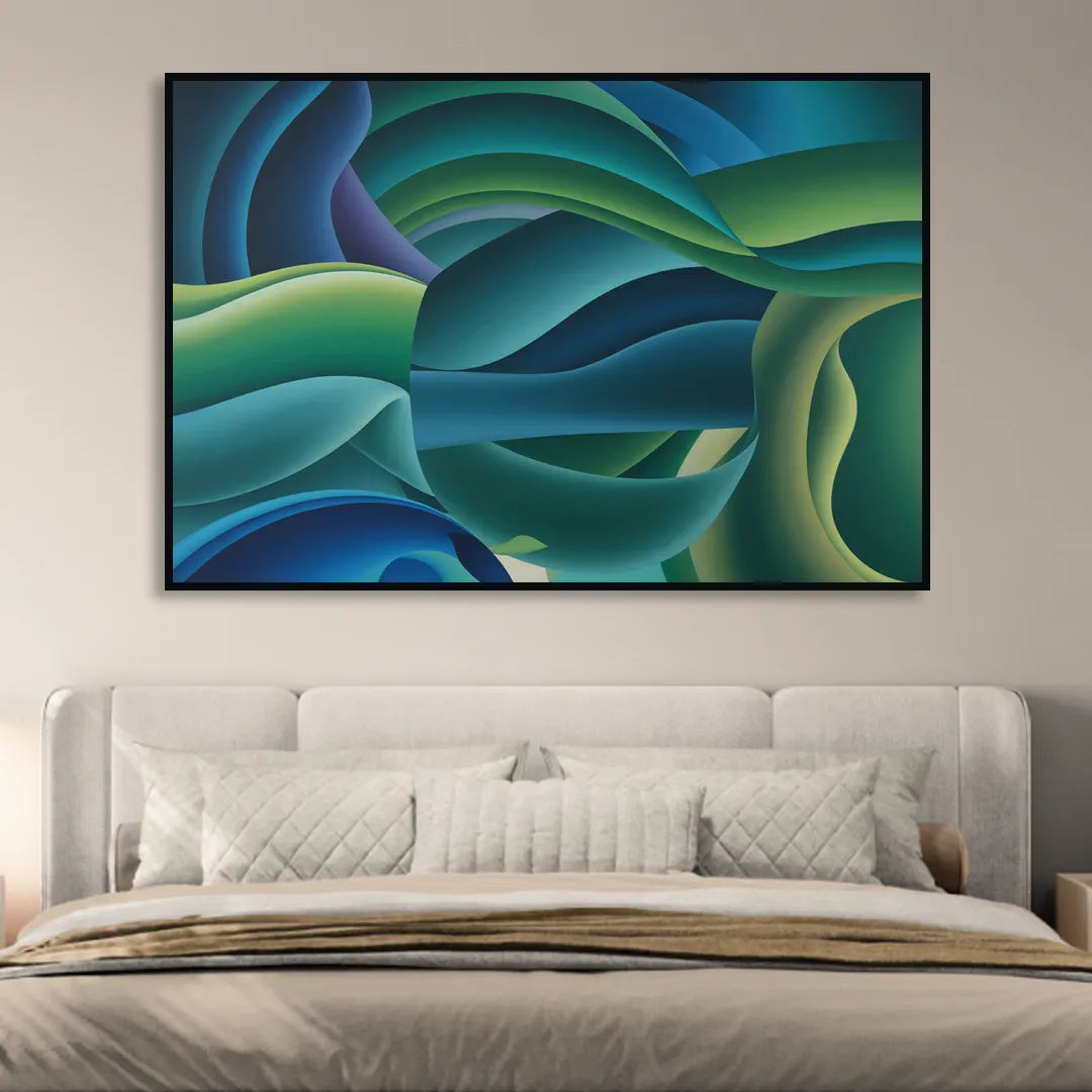 Fluid Harmony Blue and Green Abstract Sitting Room - Black Canvas Wall Art