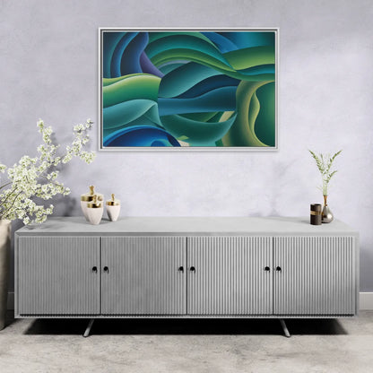 Fluid Harmony Blue and Green Abstract - Living Room White Frame Canvas