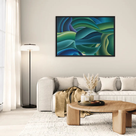 Fluid Harmony Blue and Green Abstract - Living Room Black Frame Canvas