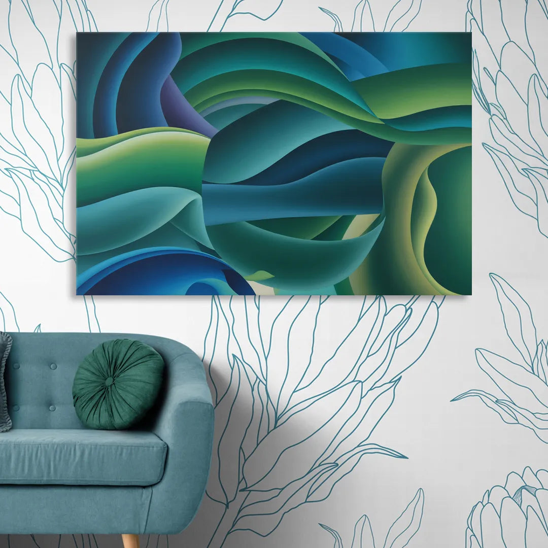Fluid Harmony Blue and Green Abstract Living Room - Canvas Wall Art