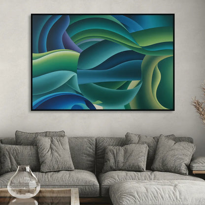 Fluid Harmony Blue and Green Abstract Living Room - Black Canvas Wall Art