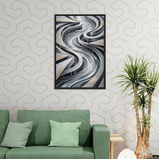 Fluid Harmony Grey Abstract - Living Room Black Frame Canvas