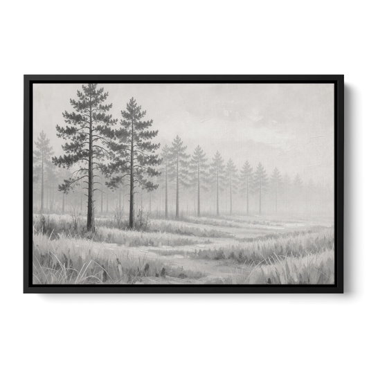 Foggy Forest Pines on Frosted Meadow for the Living Room - Black Framed Canvas Wall Art - Front