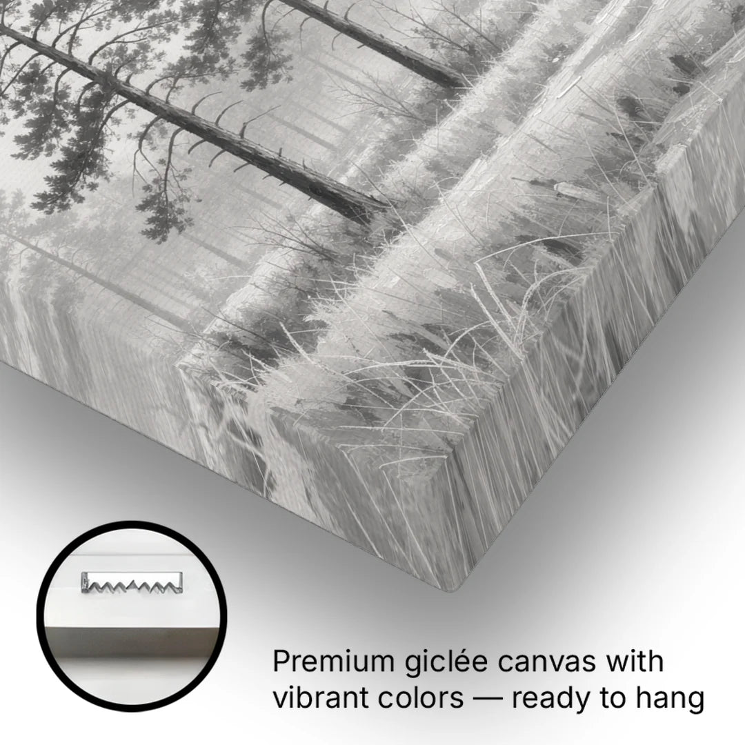 Foggy Forest Pines on Frosted Meadow for the Living Room - Canvas Wall Art - Gallery Wrap Corner