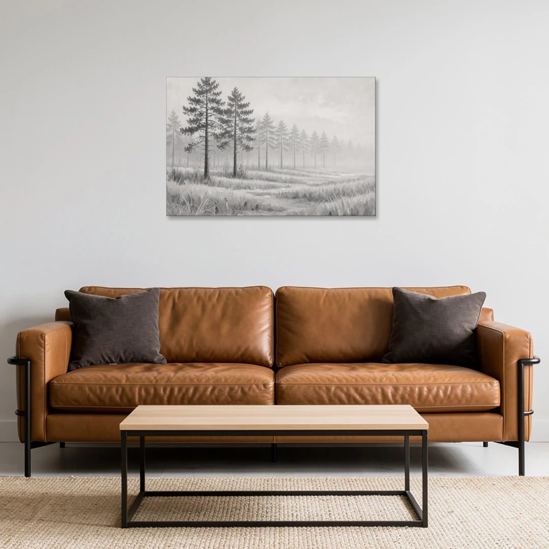Foggy Forest Pines on Frosted Meadow for the Living Room - Canvas Wall Art - Sofa - 36x24