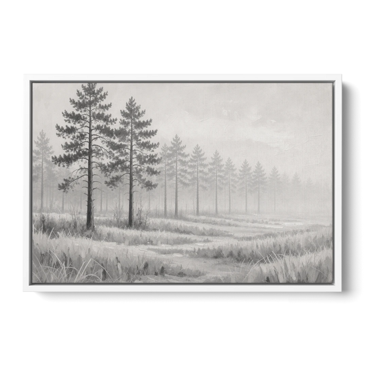 Foggy Forest Pines on Frosted Meadow for the Living Room - White Framed Canvas Wall Art - Front