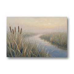 Foggy Morning Painting of Cattails in the Marsh - Canvas Wall Art - Front