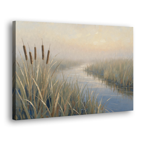 Foggy Morning Painting of Cattails in the Marsh - Canvas Wall Art - Side