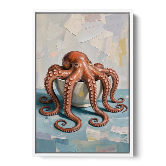 Food Still Life Painting of Octopus in a Bowl - White Framed Canvas Wall Art - Front
