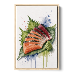 Foodie Wall Art of Sashimi on a Shiso Leaf - Oak Framed Canvas Wall Art - Front