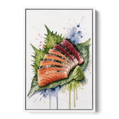 Foodie Wall Art of Sashimi on a Shiso Leaf - White Framed Canvas Wall Art - Front