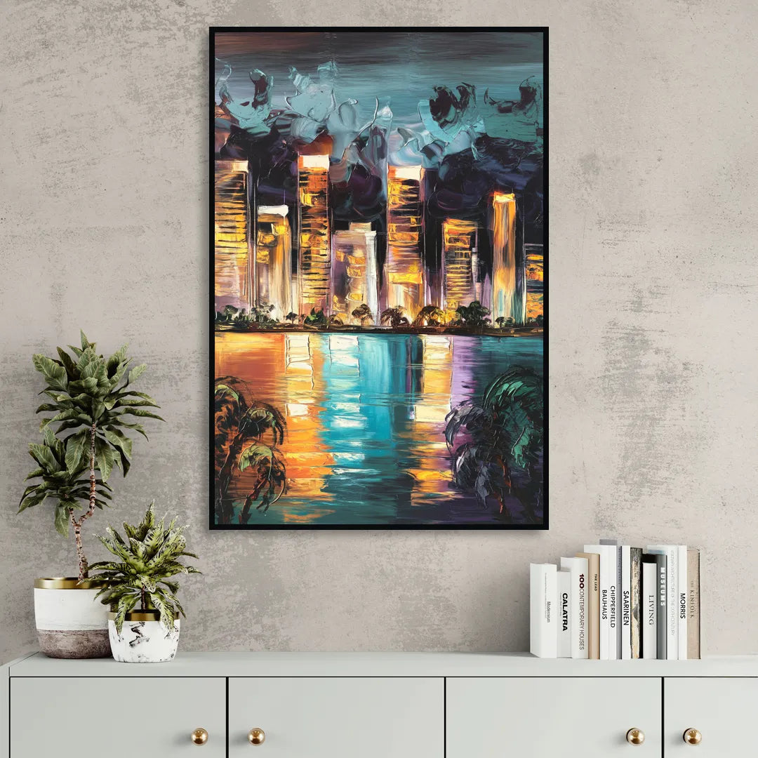 Fort Lauderdale Downtown Lights Living Room - Black Canvas Wall Art