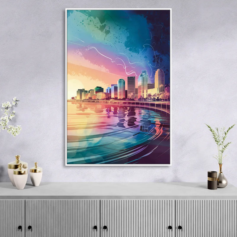 Fort Lauderdale Skyline Reflection Living Room - White Canvas Wall Art