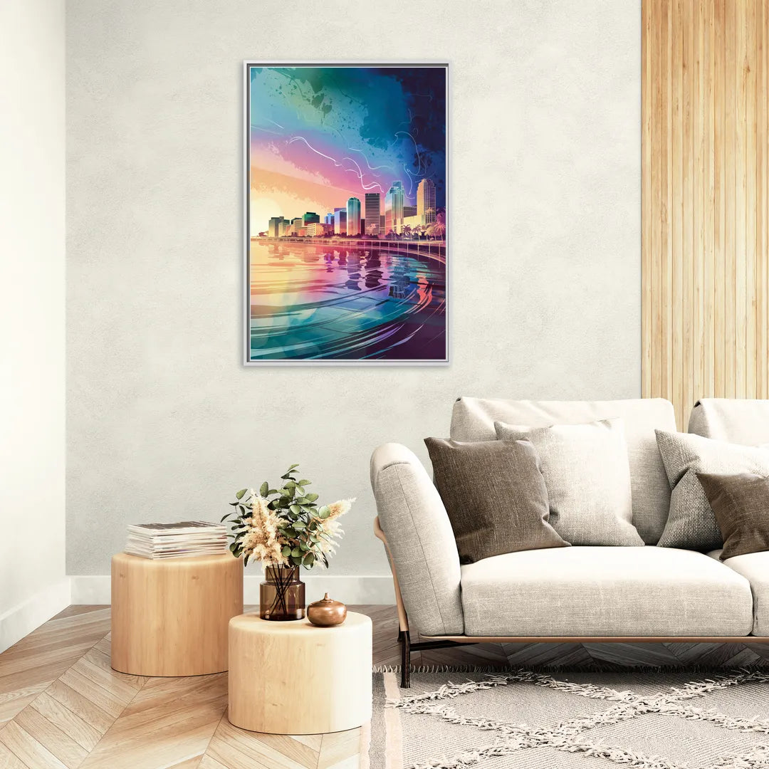 Fort Lauderdale Skyline Reflection - Living Room White Frame Canvas