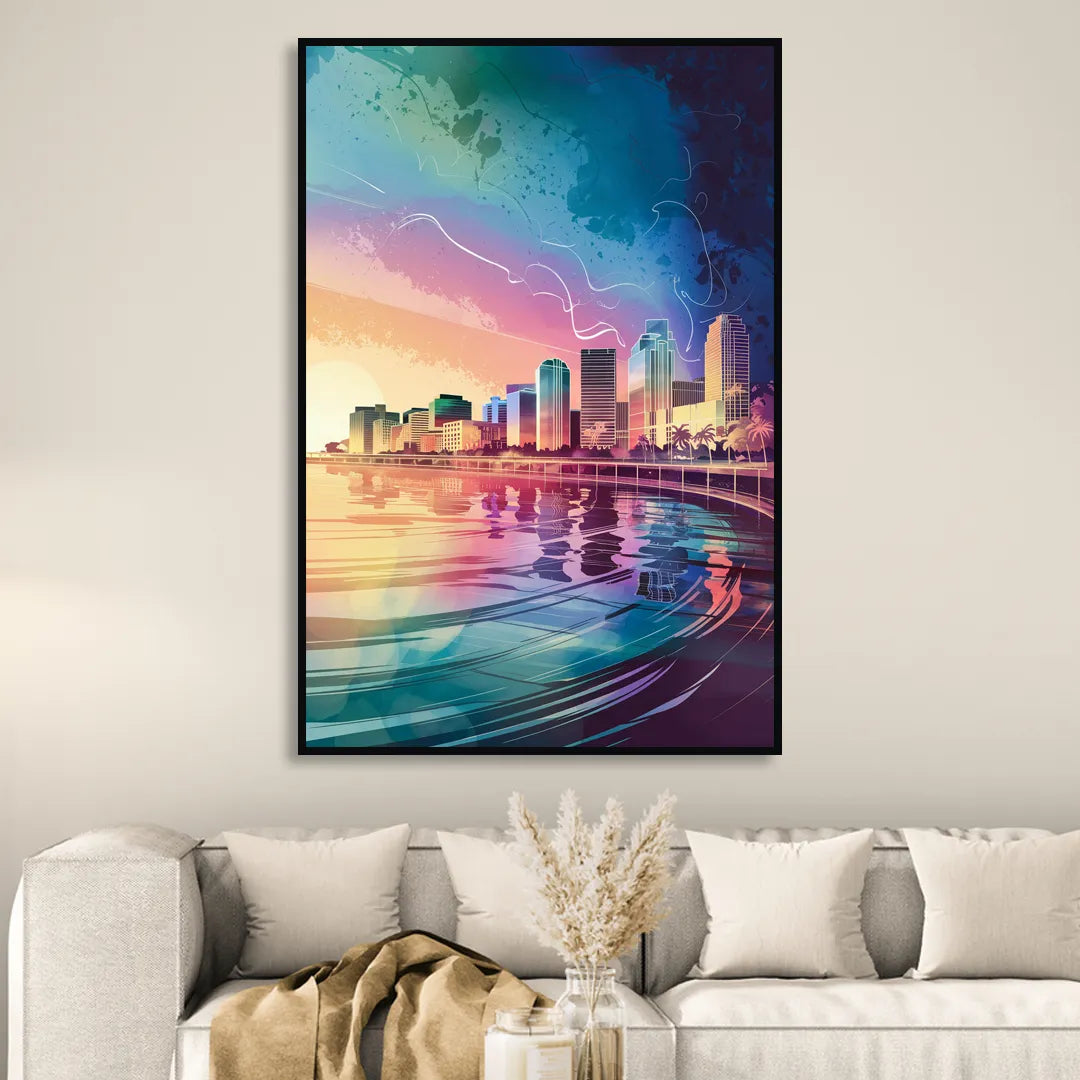 Fort Lauderdale Skyline Reflection Living Room - Black Canvas Wall Art