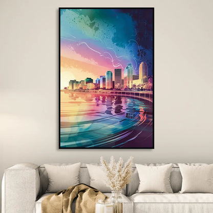Fort Lauderdale Skyline Reflection Living Room - Black Canvas Wall Art