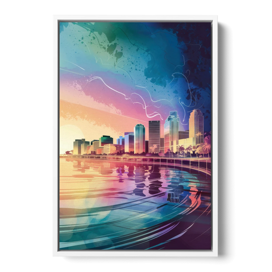 Fort Lauderdale Skyline Reflection - White Framed Canvas Wall Art - Front