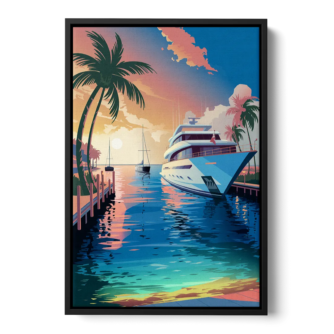 Fort Lauderdale Yacht Harbor Front - Black Canvas Wall Art
