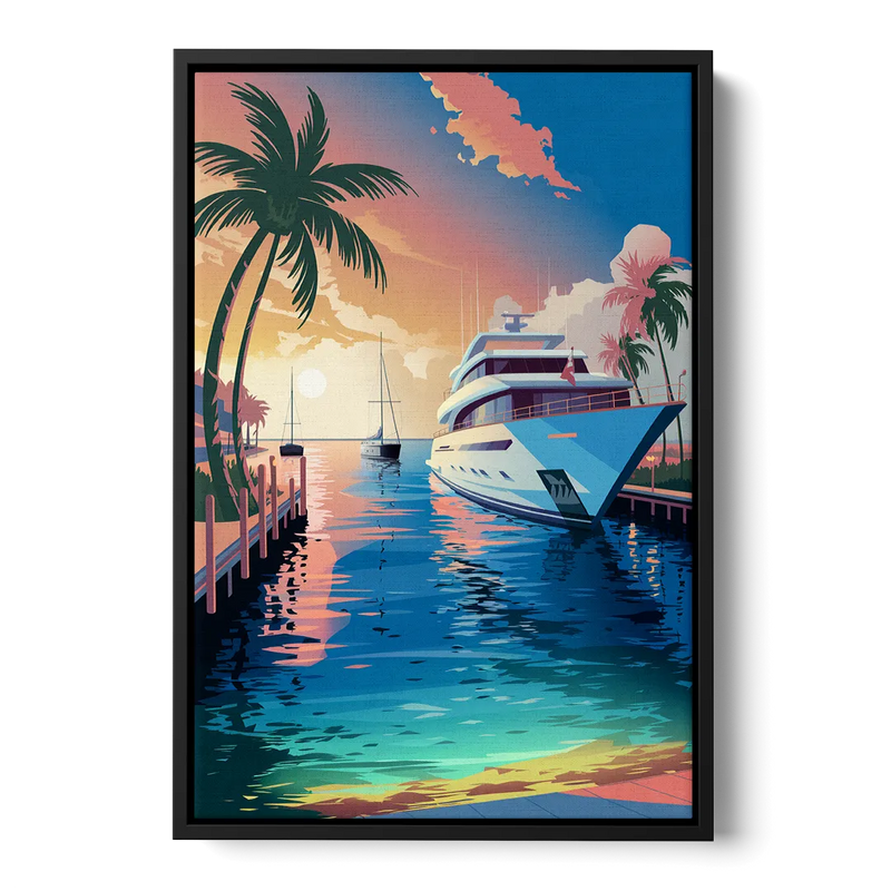 Fort Lauderdale Yacht Harbor Front - Black Canvas Wall Art
