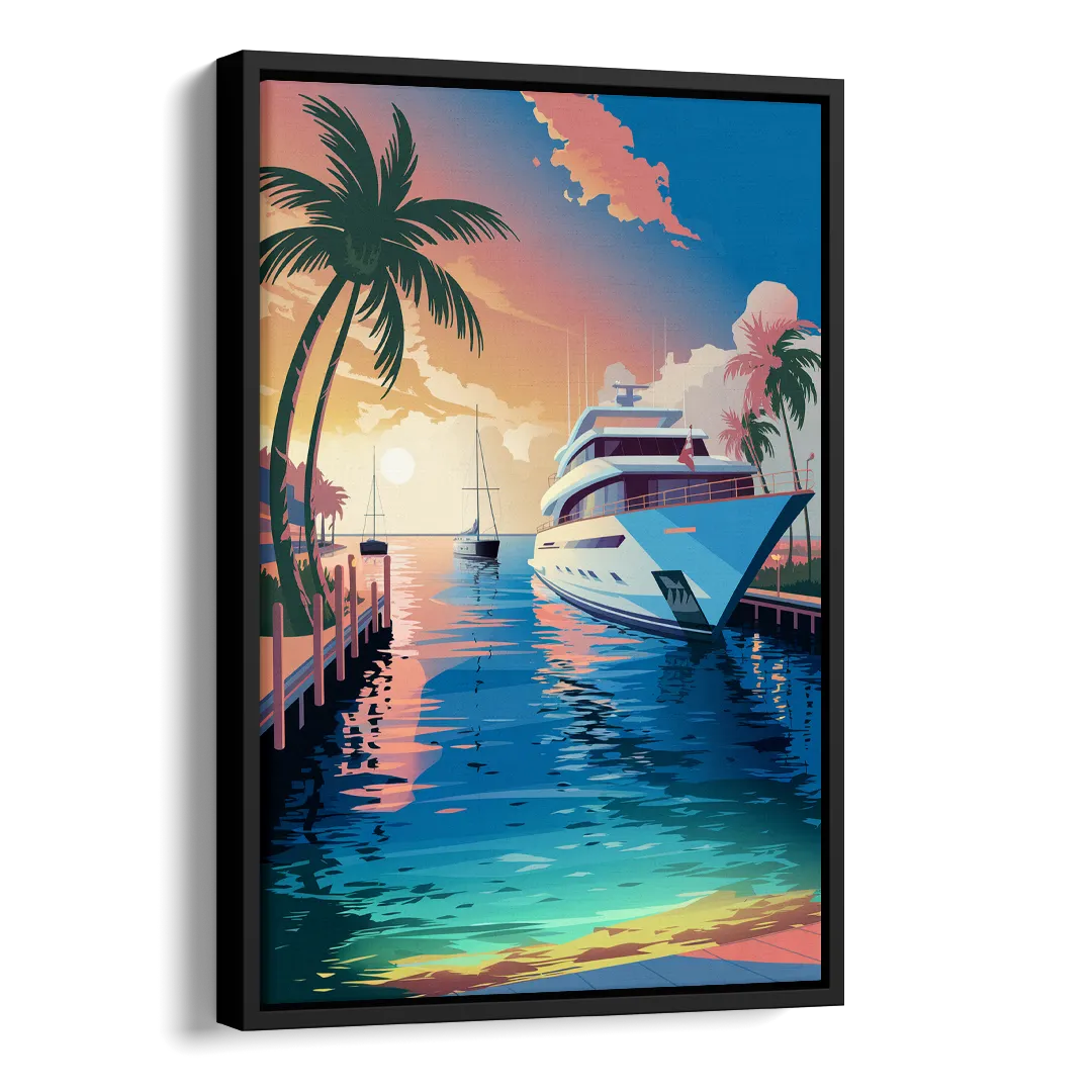 Fort Lauderdale Yacht Harbor Side - Black Canvas Wall Art
