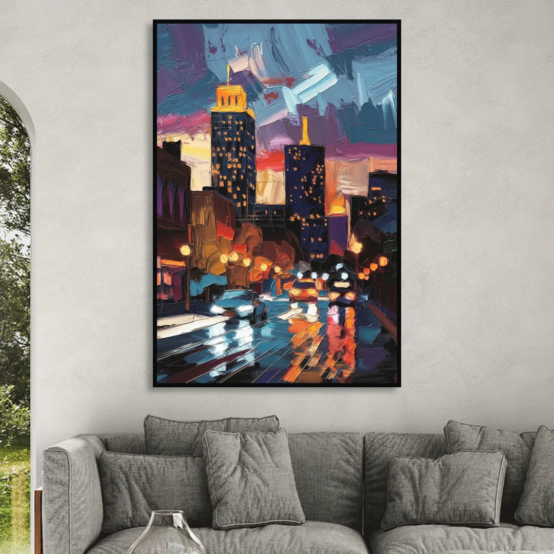 Fort Wayne Downtown Lights Sitting Room - Black Canvas Wall Art