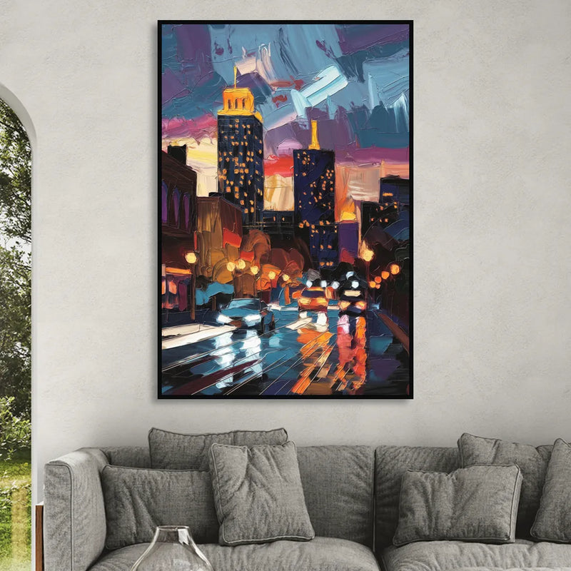 Fort Wayne Downtown Lights Sitting Room - Black Canvas Wall Art