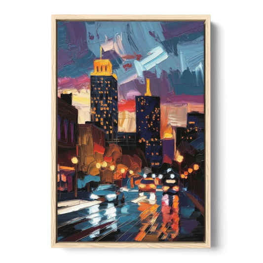 Fort Wayne Downtown Lights - Oak Framed Canvas Wall Art - Front