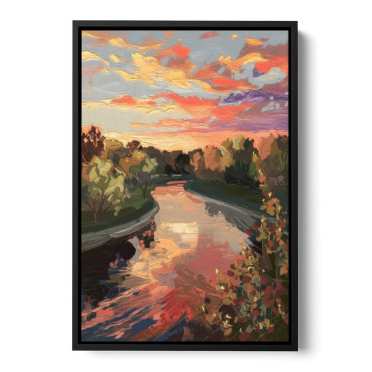 Fort Wayne Sunset Over River - Black Framed Canvas Wall Art - Front