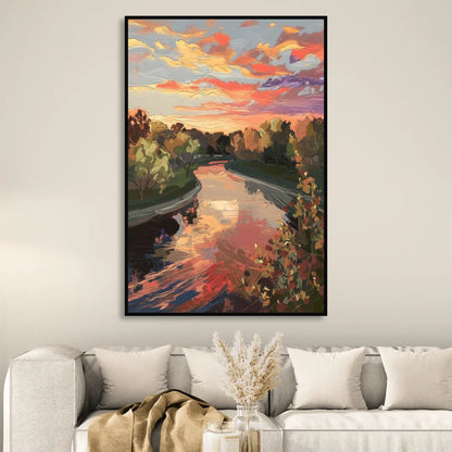 Fort Wayne Sunset Over River Sitting Room - Black Canvas Wall Art