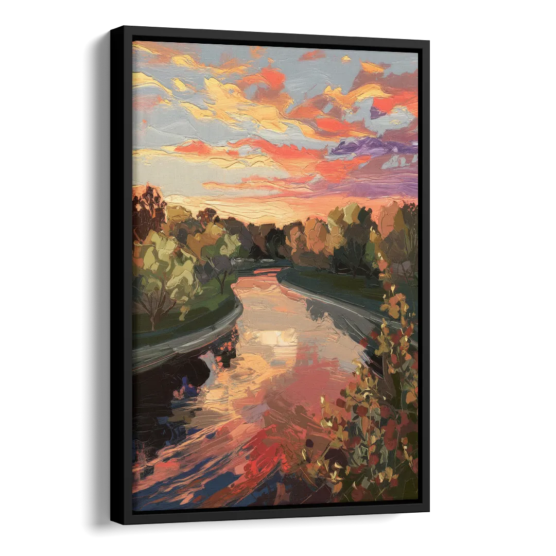 Fort Wayne Sunset Over River Side - Black Canvas Wall Art