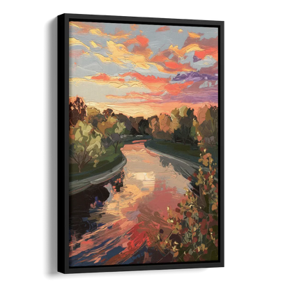 Fort Wayne Sunset Over River Side - Black Canvas Wall Art