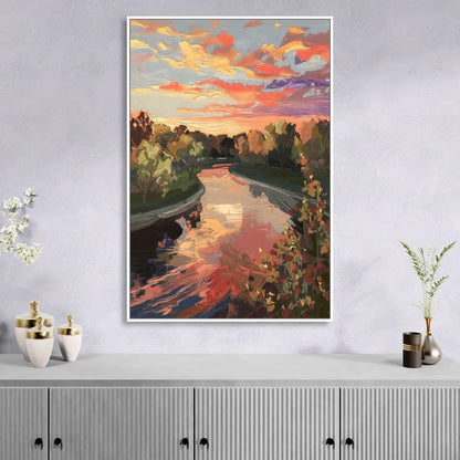 Fort Wayne Sunset Over River Sitting Room - White Canvas Wall Art