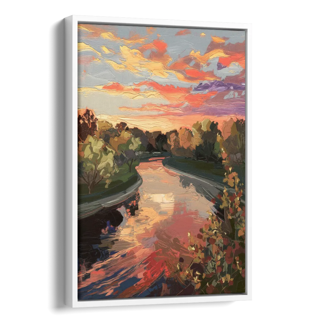 Fort Wayne Sunset Over River Side - White Canvas Wall Art