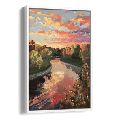 Fort Wayne Sunset Over River Side - White Canvas Wall Art