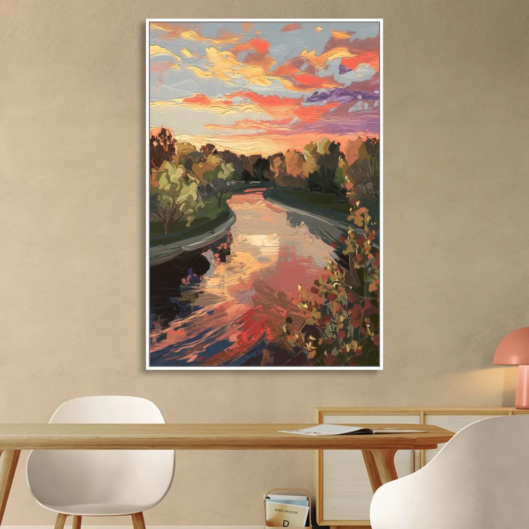 Fort Wayne Sunset Over River Living Room - White Canvas Wall Art