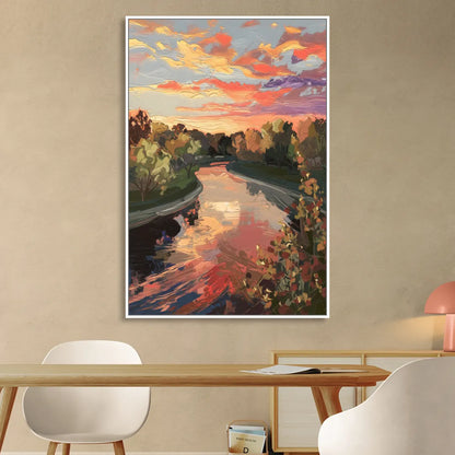 Fort Wayne Sunset Over River Living Room - White Canvas Wall Art
