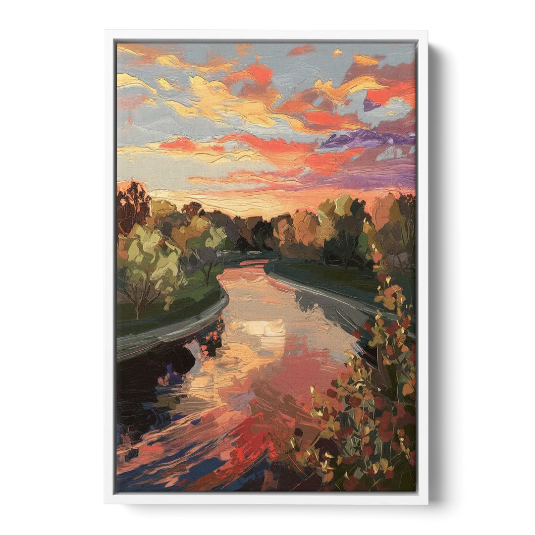 Fort Wayne Sunset Over River Front - White Canvas Wall Art