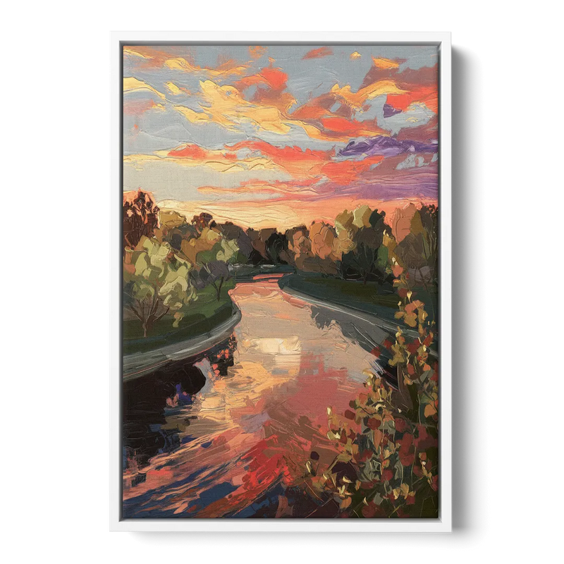 Fort Wayne Sunset Over River Front - White Canvas Wall Art