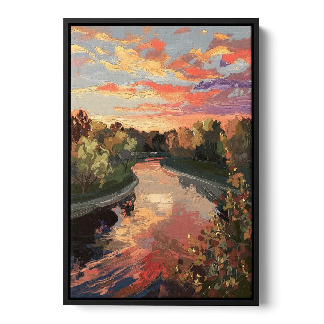 Fort Wayne Sunset Over River Front - Black Canvas Wall Art