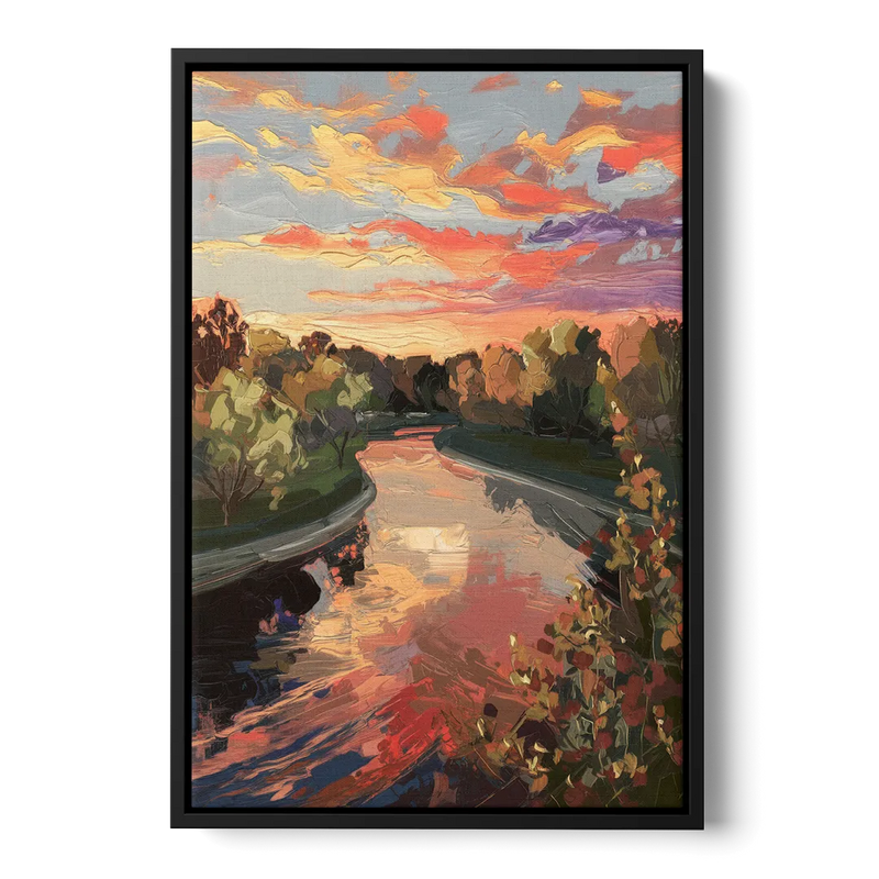 Fort Wayne Sunset Over River Front - Black Canvas Wall Art