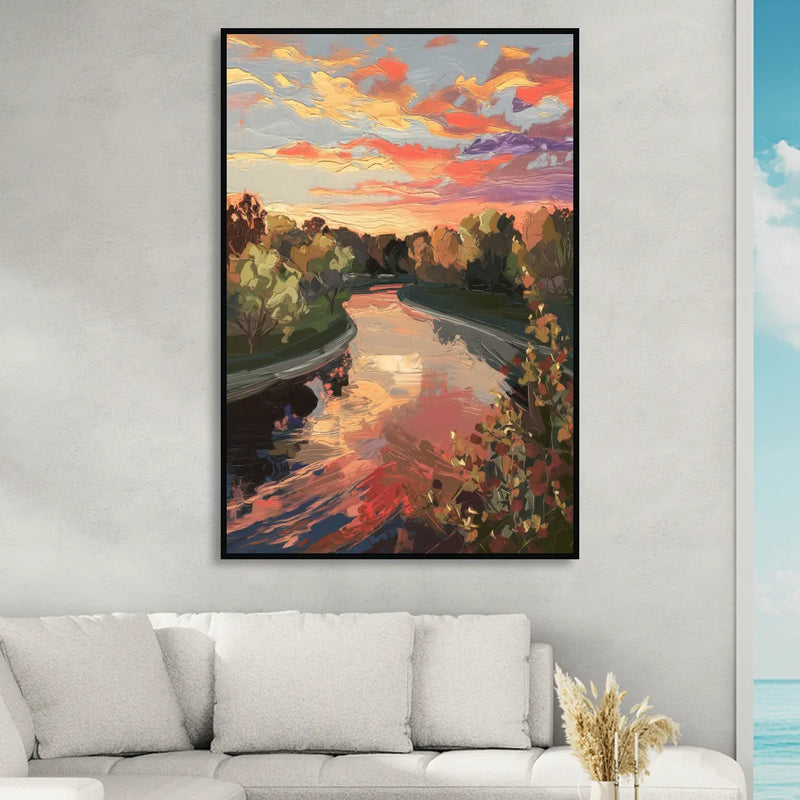 Fort Wayne Sunset Over River Living Room - Black Canvas Wall Art