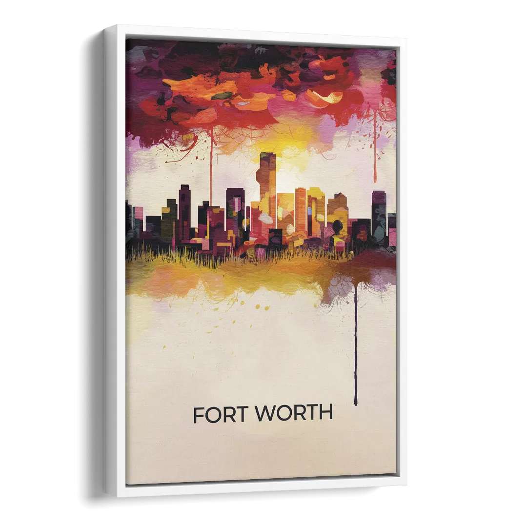 Fort Worth Cityscape at Sunset Side - White Canvas Wall Art