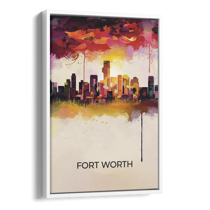 Fort Worth Cityscape at Sunset Side - White Canvas Wall Art