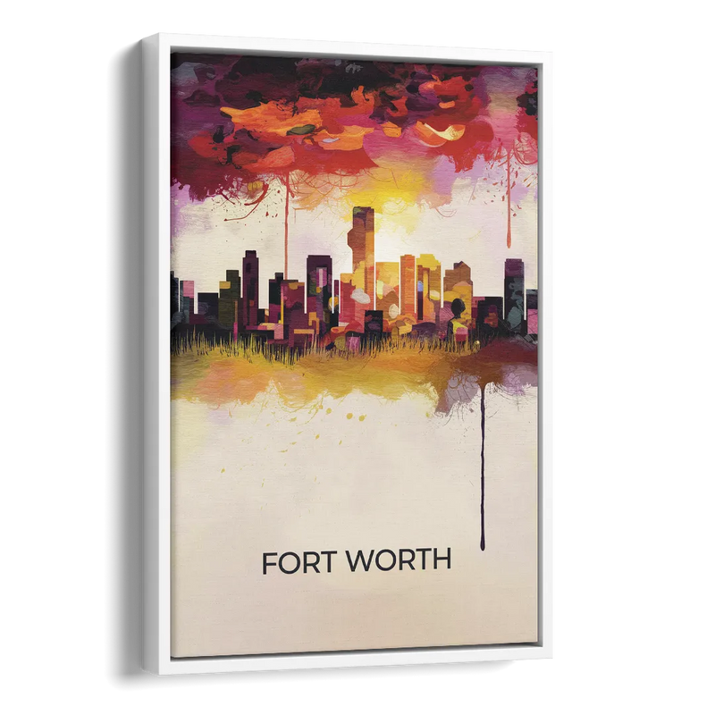 Fort Worth Cityscape at Sunset Side - White Canvas Wall Art