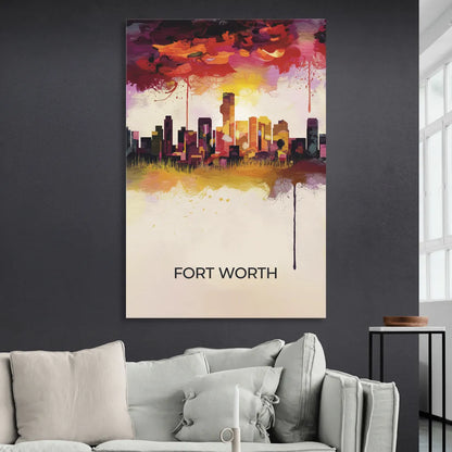 Fort Worth Cityscape at Sunset Living Room - Canvas Wall Art