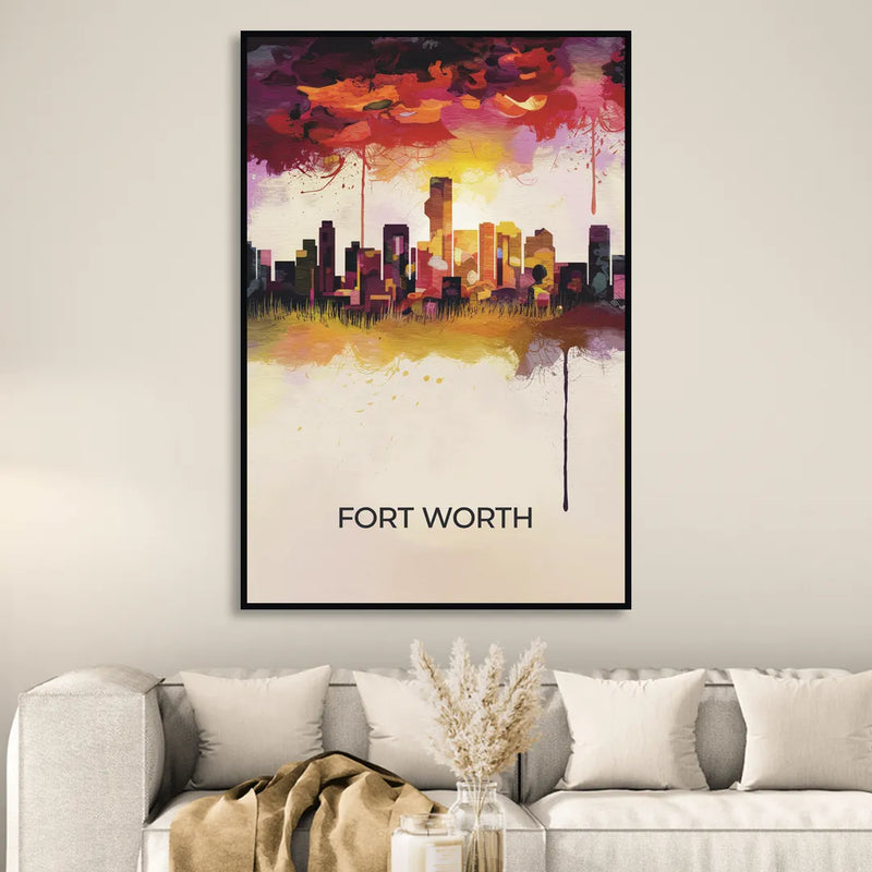 Fort Worth Cityscape at Sunset Living Room - Black Canvas Wall Art