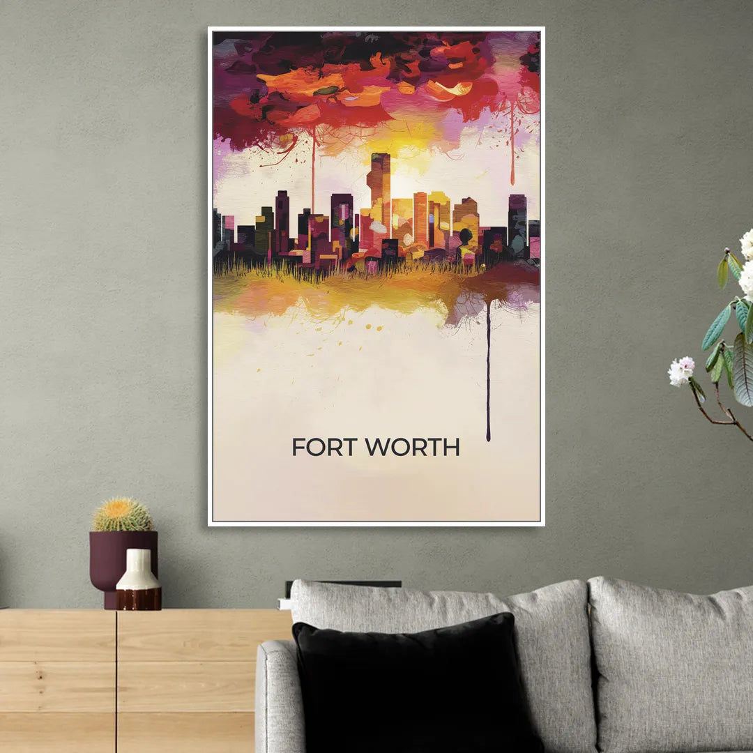 Fort Worth Cityscape at Sunset Sitting Room - White Canvas Wall Art