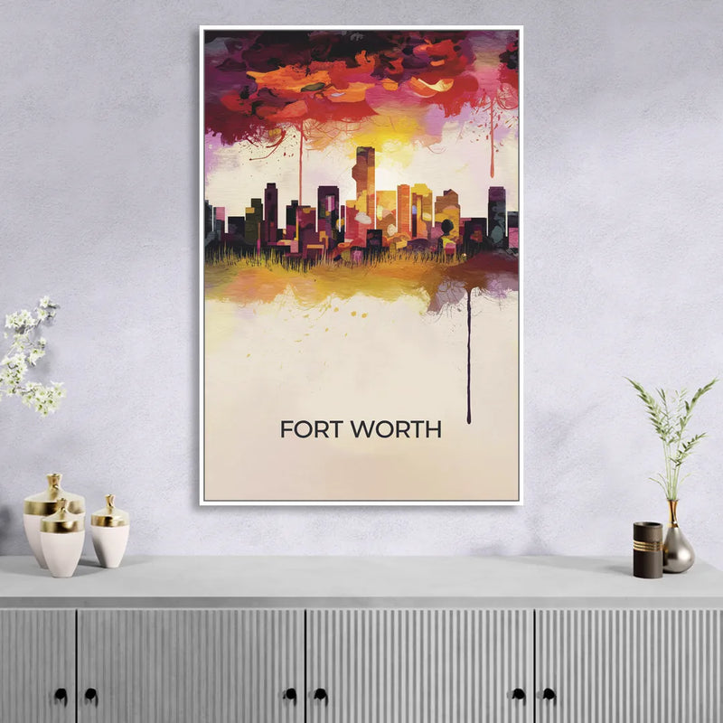 Fort Worth Cityscape at Sunset Living Room - White Canvas Wall Art